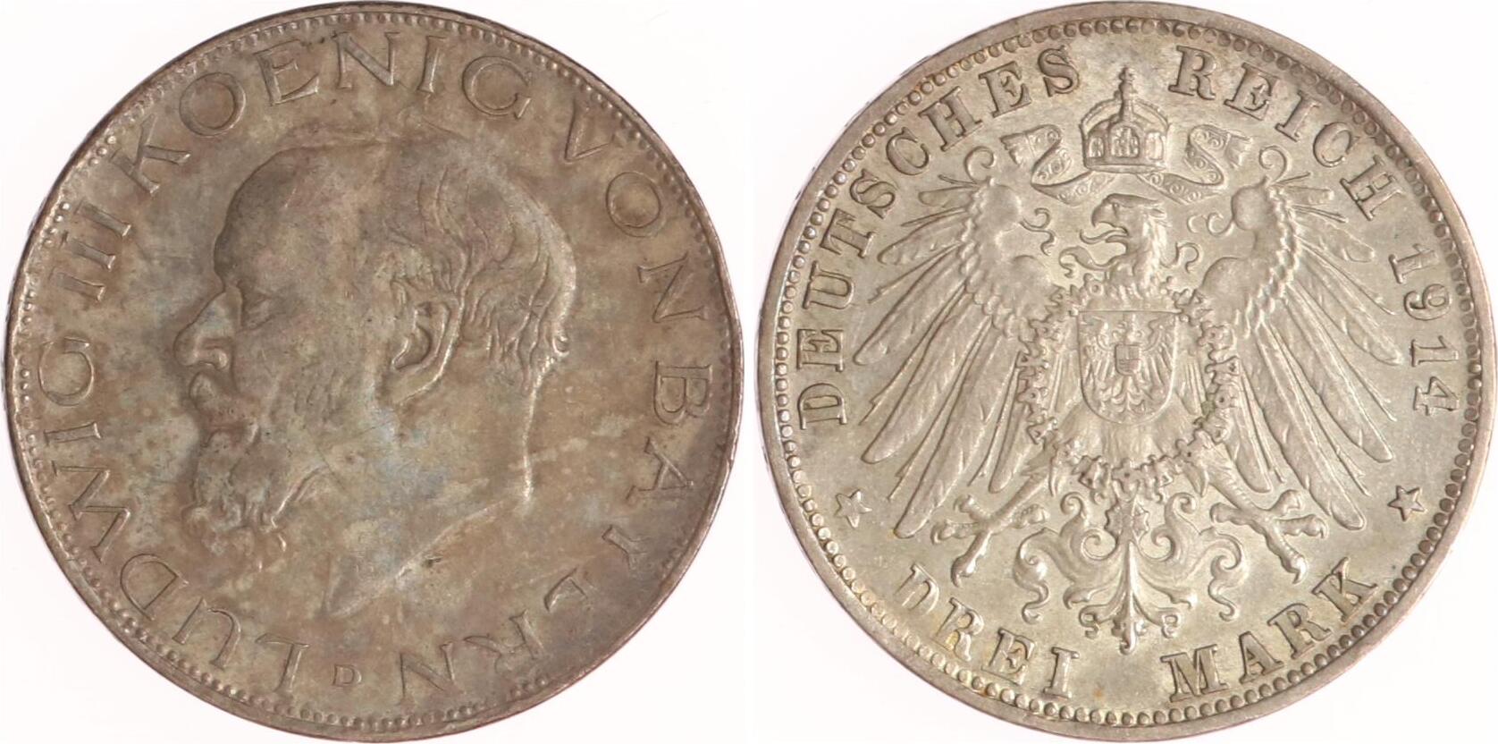 Bayern 3 Mark 1914 D Ludwig III 1913 1918 VF MA Shops