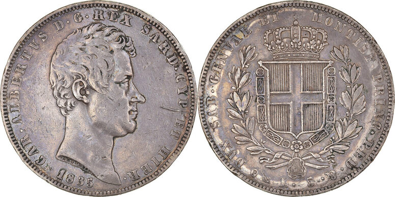 ITALIAN STATES 5 Lire 1835 Genoa Coin SARDINIA Carlo Alberto Genoa