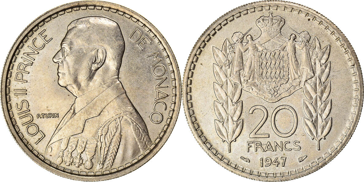 Monaco 20 Francs Vingt 1947 Coin Louis II Copper Nickel AU 50 53