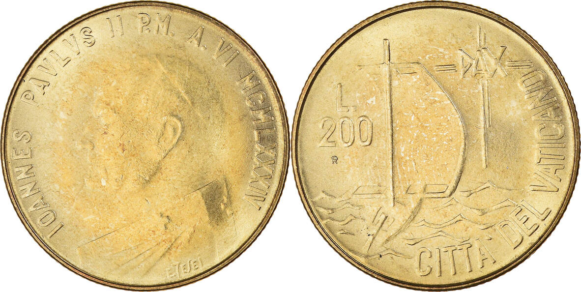 VATICAN CITY 200 Lire 1984 Coin John Paul II Aluminum Bronze MS 65 70