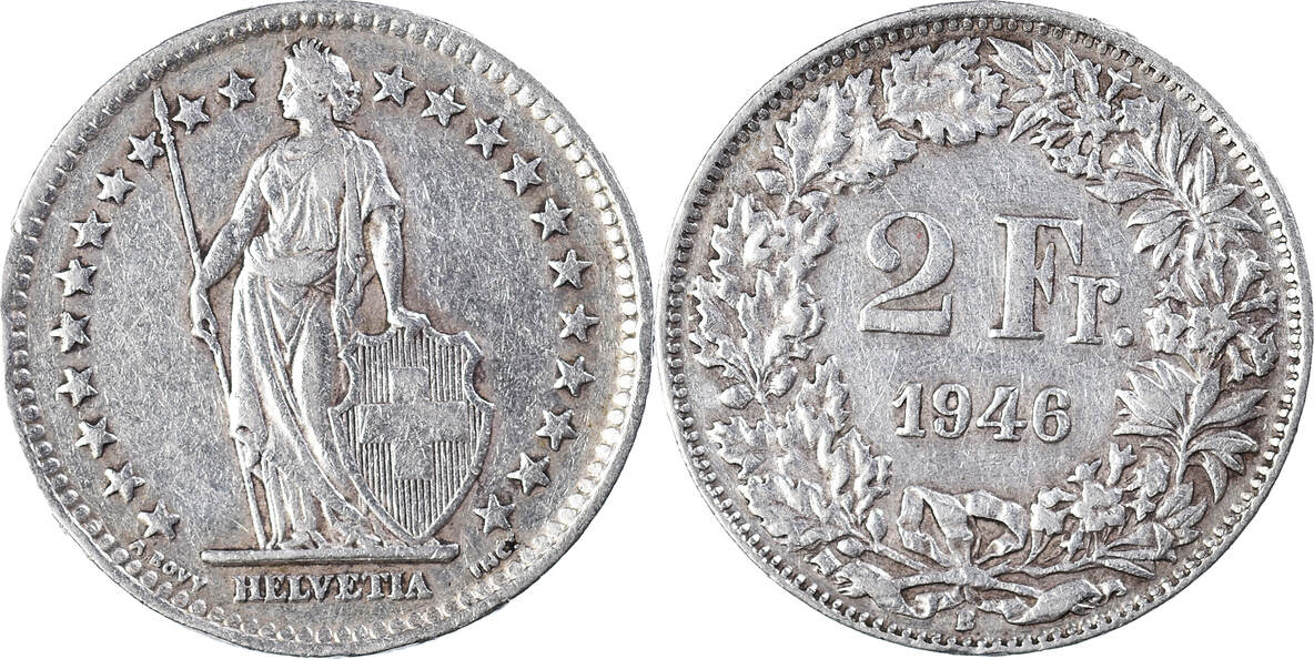 Switzerland 2 Francs 1946 B Coin Bern Silver KM 21 EF 40 45 MA Shops