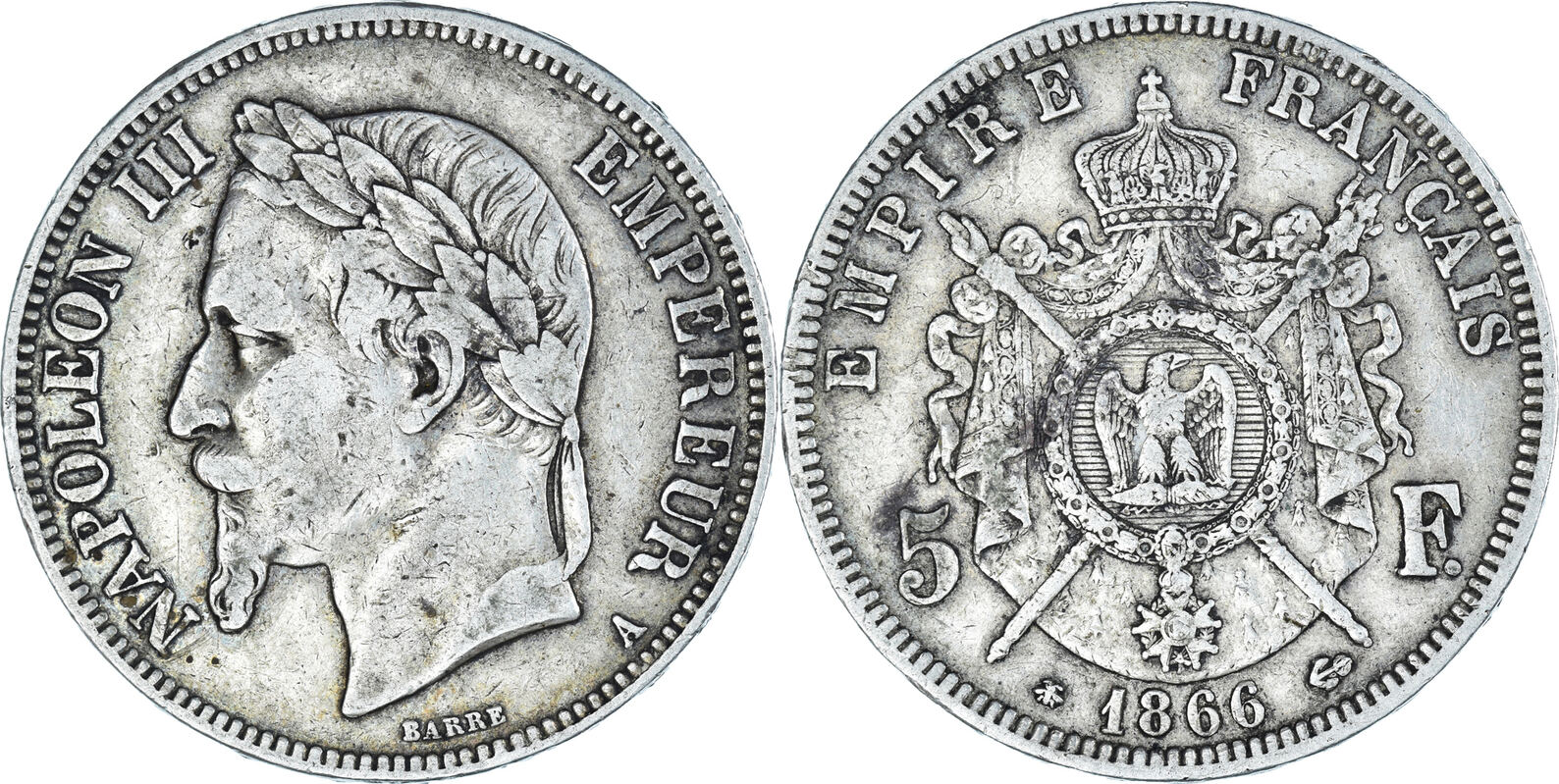 France 5 Francs 1866 A Coin Napoleon III Paris Silver KM 799 1 VF