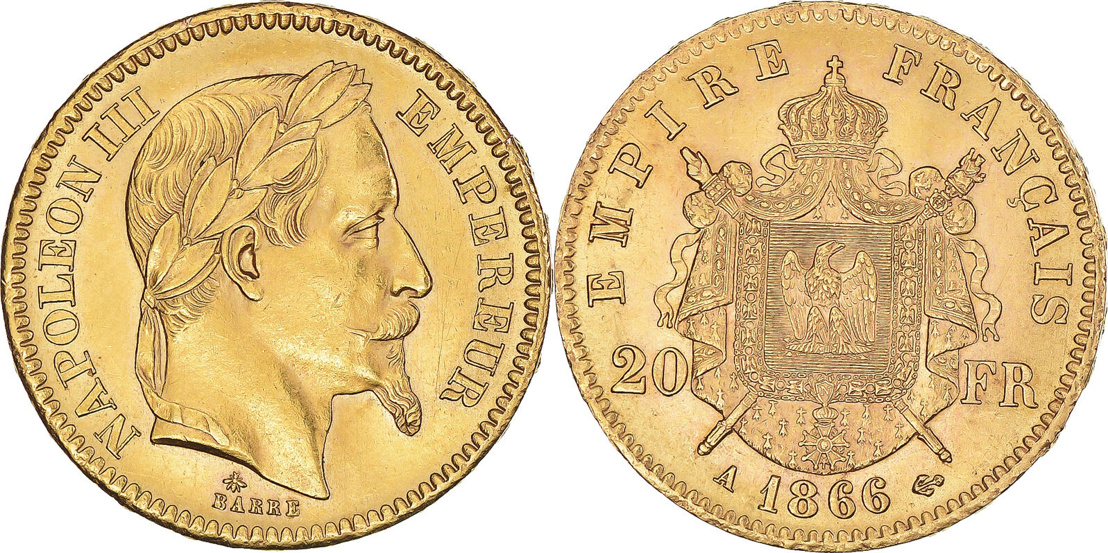 France 20 Francs 1866 A Coin Napoleon III Paris Gold KM 801 1 AU 55