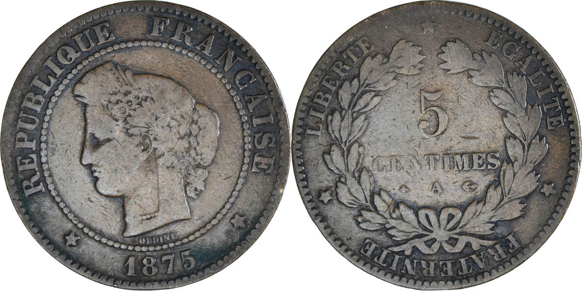 France 5 Centimes 1875 A Coin Cérès Paris Bronze KM 821 1 VF 20 25