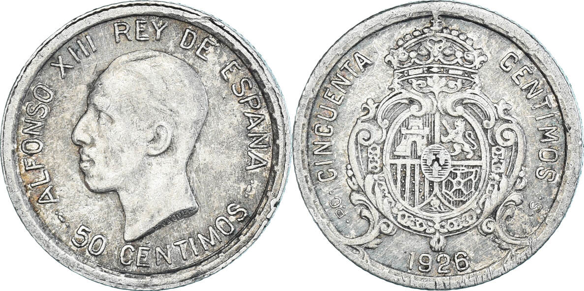 Spain 50 Centimos 1926 Madrid Coin Alfonso XIII Madrid Silver KM