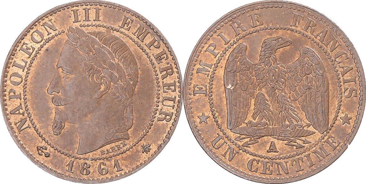 France Centime 1861 A Coin Napoleon III Napoléon III Paris AU 50 53