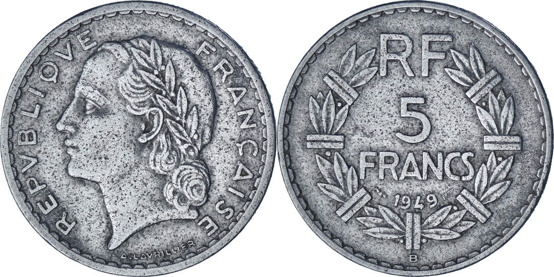 France 5 Francs 1949 B Lavrillier Beaumont Le Roger Aluminum EF 40