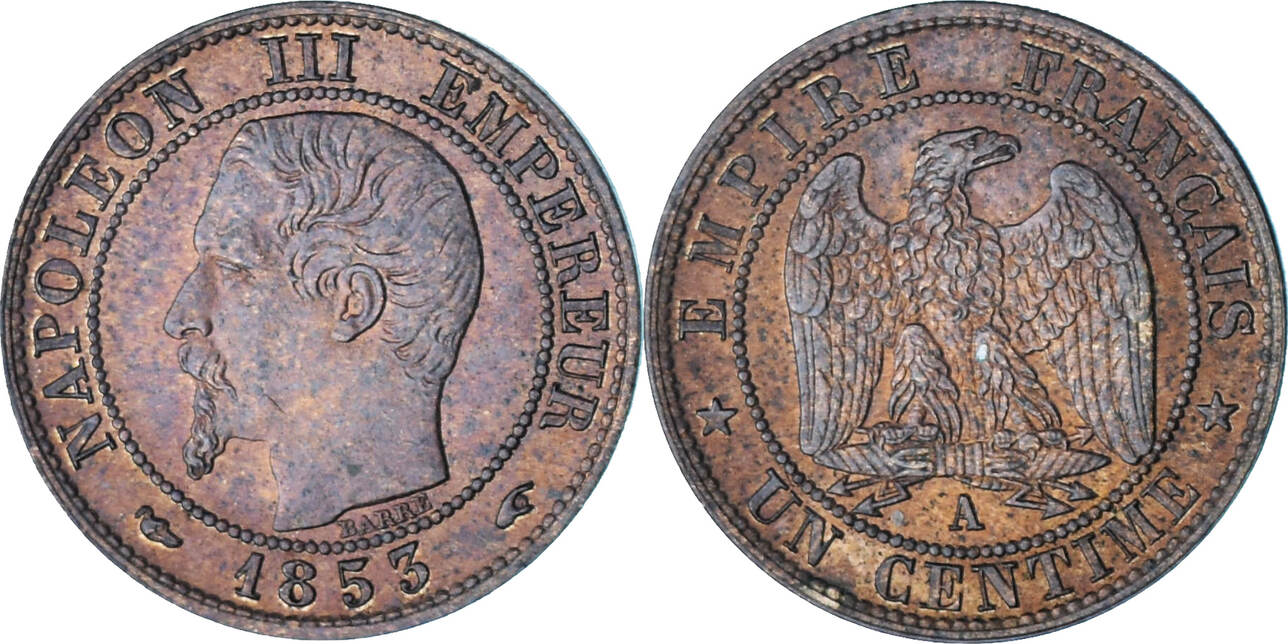 France 1 Centime 1853 Paris Napoleon III Paris Bronze Gadoury 86 MS