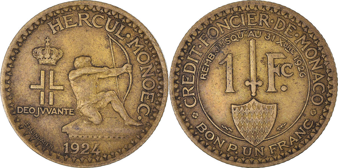 Monaco Franc 1924 Poissy Coin Louis II Poissy Aluminum Bronze KM