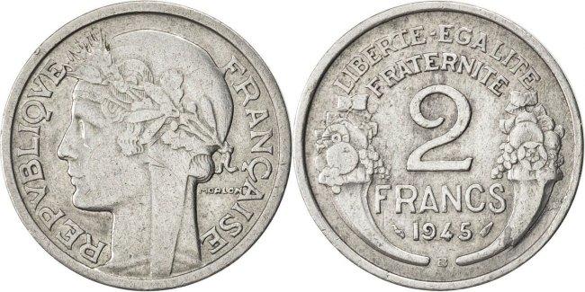 France 2 Francs 1945 B Coin Morlon Beaumont Le Roger Aluminum EF 40