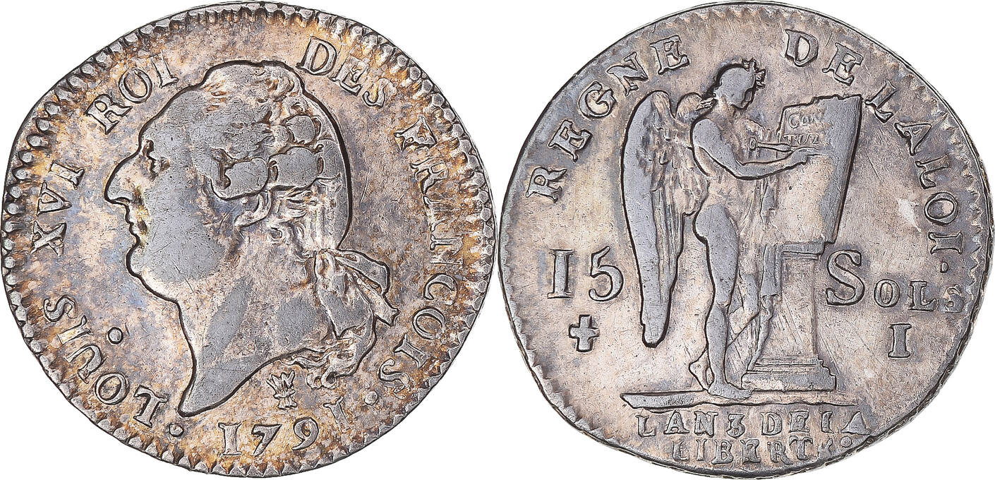 France 15 sols françois 1791 AN 3 I Coin Louis XVI Limoges VF 30 35