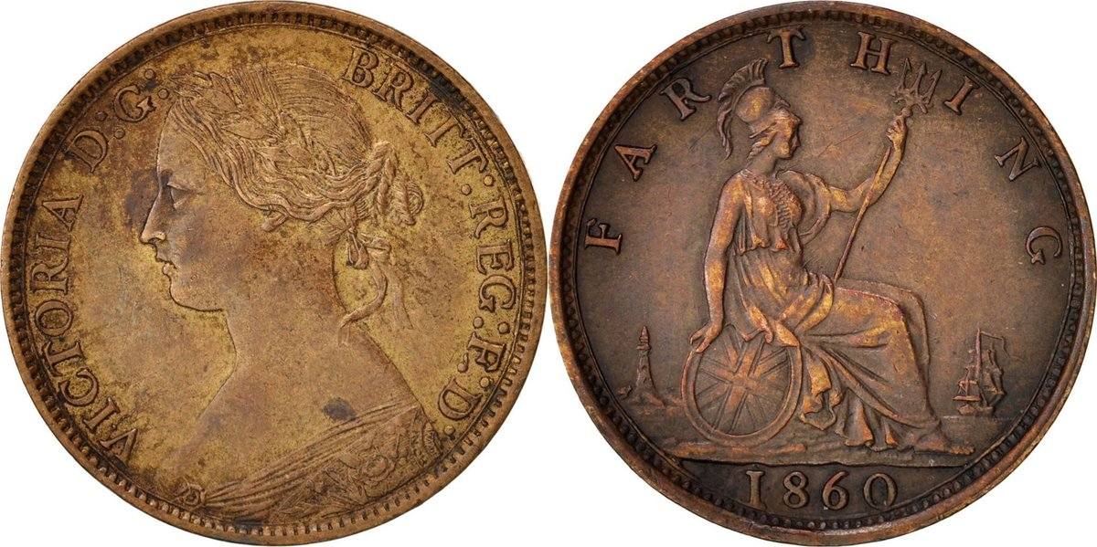 Great Britain Farthing 1860 Coin Victoria Bronze KM 747 1 AU 50 53