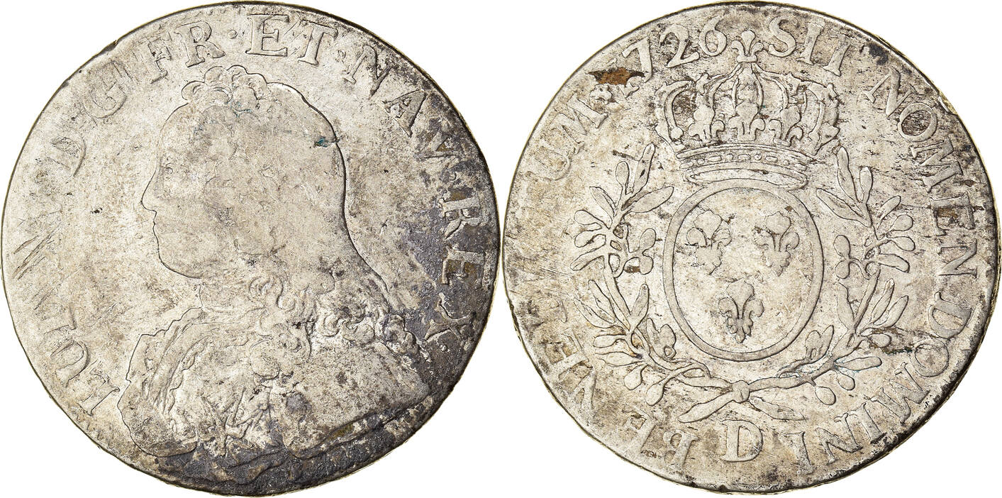 France Ecu 1726 D Coin Louis XV Écu aux branches d olivier Lyon VF