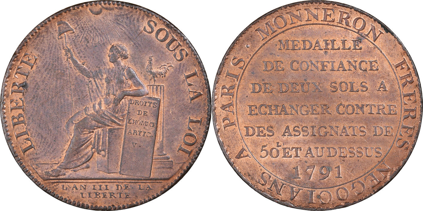 France 2 Sols 1791 Coin Bronze KM Tn23 Brandon 217 MS 63 MA Shops