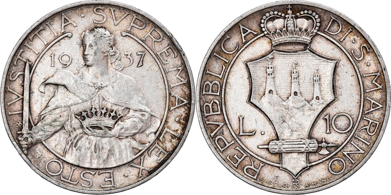 San Marino 10 Lire 1937 R Coin Rome Silver KM 10 AU 50 53 MA Shops