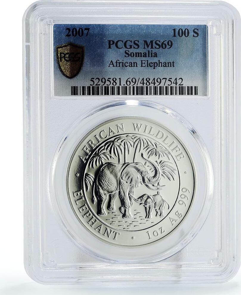 Somalia 100 Shillings African Wildlife Elephant Fauna MS69 PCGS Silver