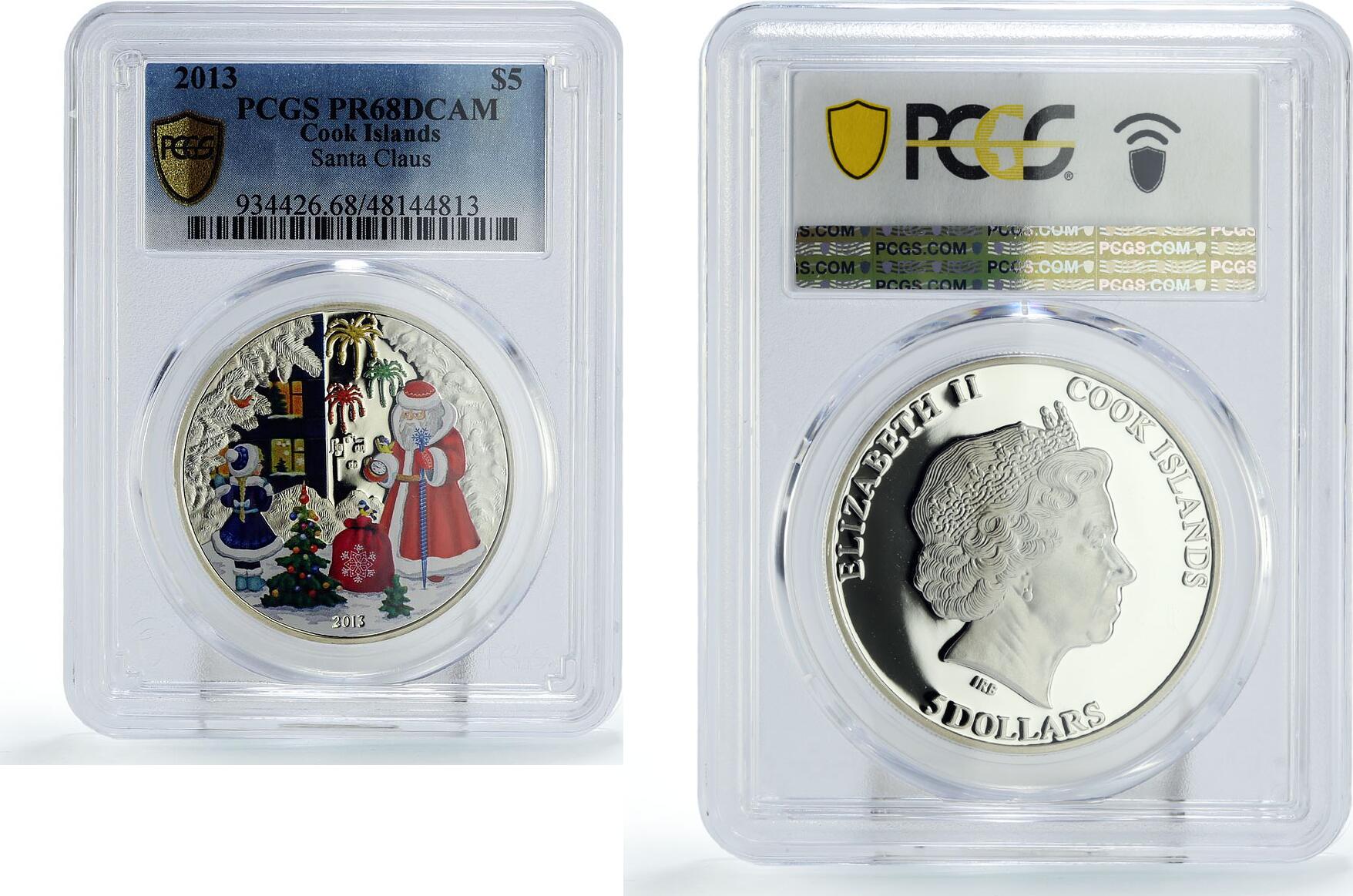 Cook Islands 5 Dollars New Year Christmas Santa Claus PR68 PCGS Silver