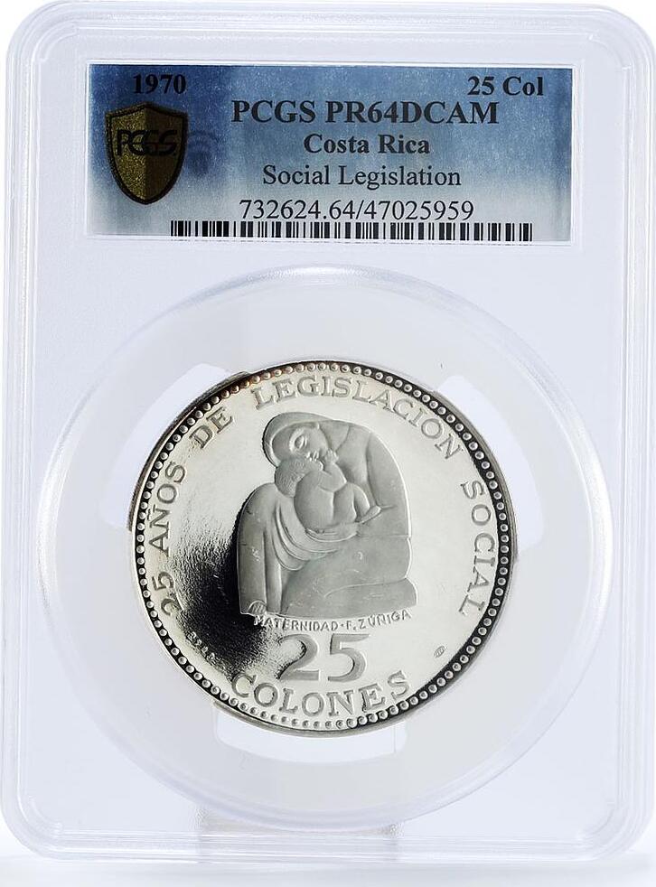 Costa Rica 25 Colones Legislation Maternidad Sculpture PR64 PCGS Ag