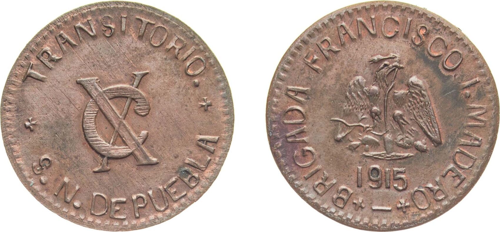 Mexico State Of Puebla 1915 10 Centavos Chiconcuautla Copper 7g AU KM