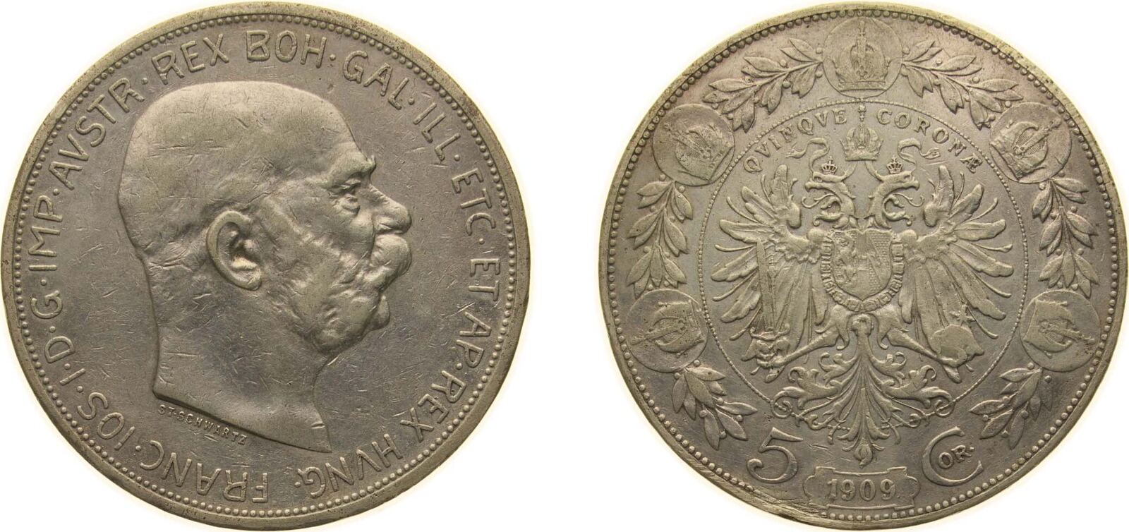 1909 Vienna Mint Austria Austro Hungarian Empire 1909 5 Corona Franz