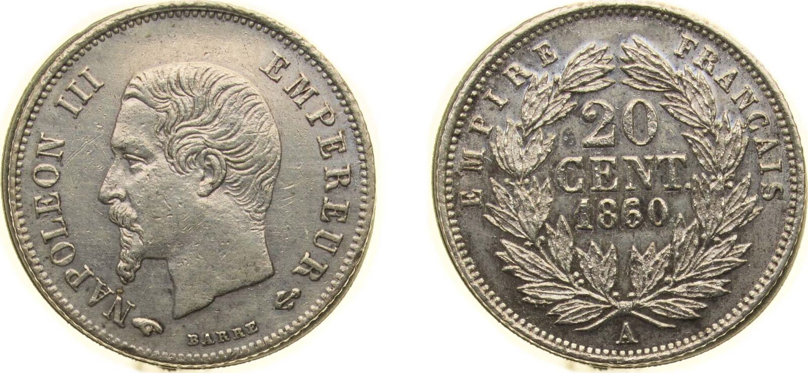 1860 50 A Paris Mint France Second Empire 1860 50 A 20 Centimes