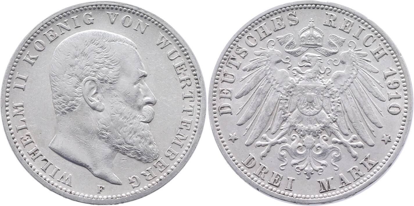 Württemberg 3 Mark 1910 F Wilhelm 1891 1918 VF MA Shops