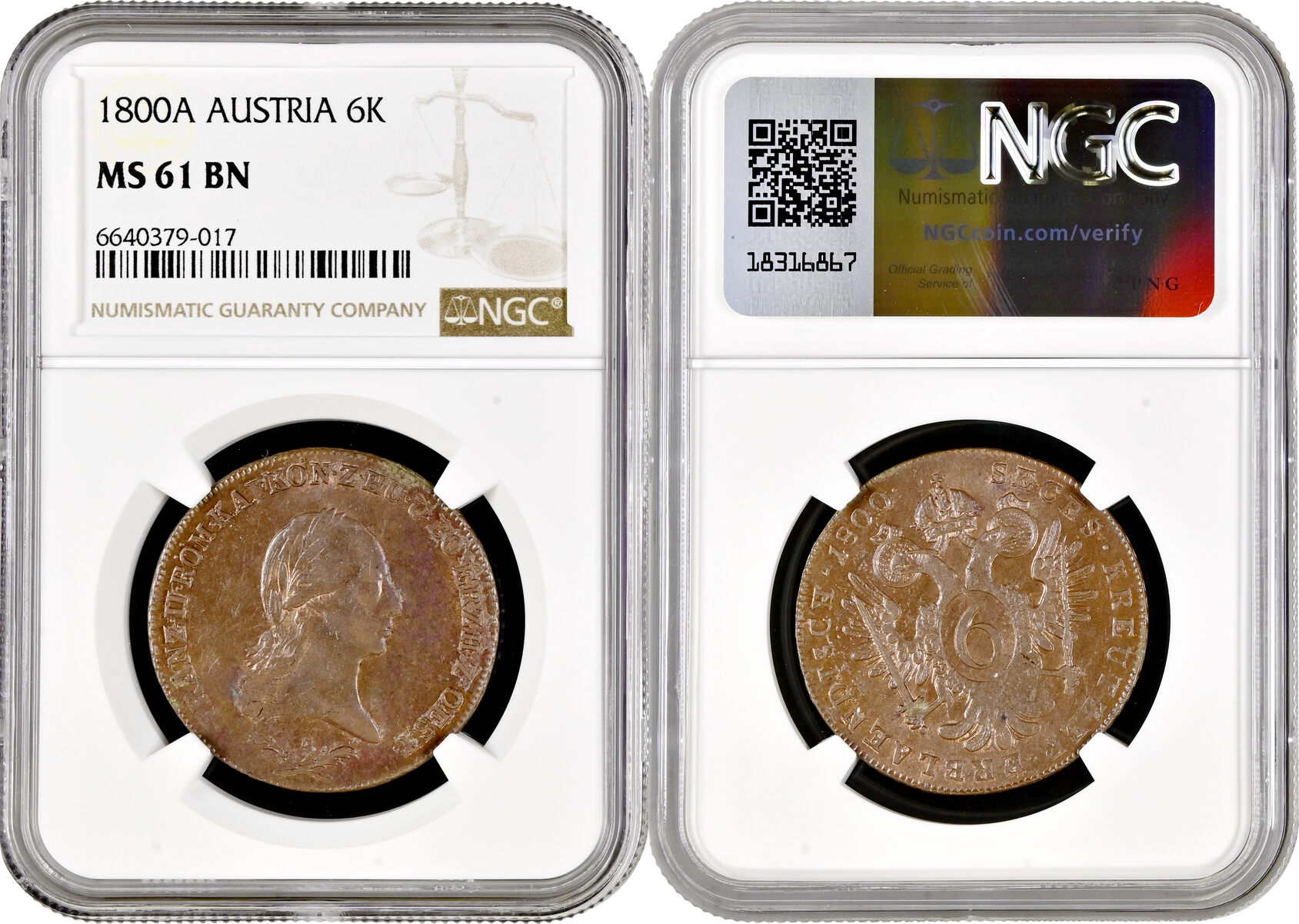 Austria 6 Kreuzer 1800 A NGC MS61 BN Emperor Franz II 1792 1835