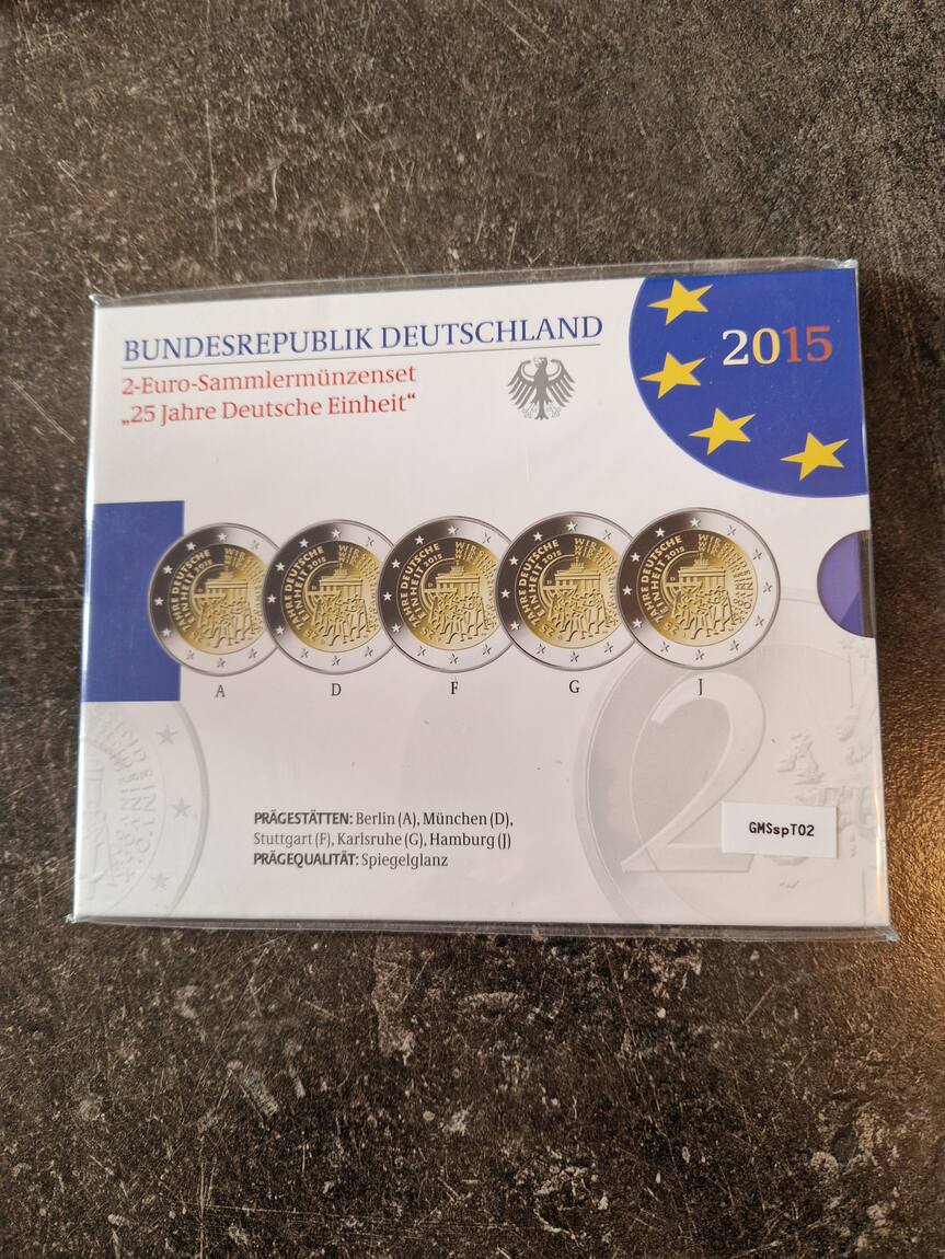 2015 A D F G J 5 X 2 Euro BRD 25 Jahre Deutsche Einheit Blister Proof