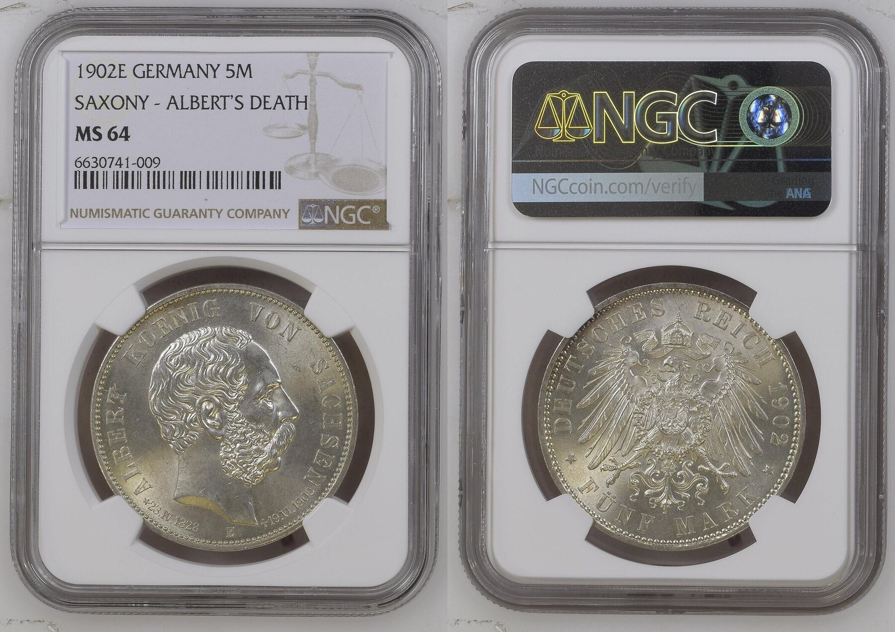 GERMANY 1902E 5 Mark Sachsen Auf Den Tod Jaeger 128 NGC MS 64 MA Shops