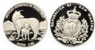 San Marino 10000 Lire 1996 Bedrohte Tierwelt Wolf mit Jungtier Silber PP Picture