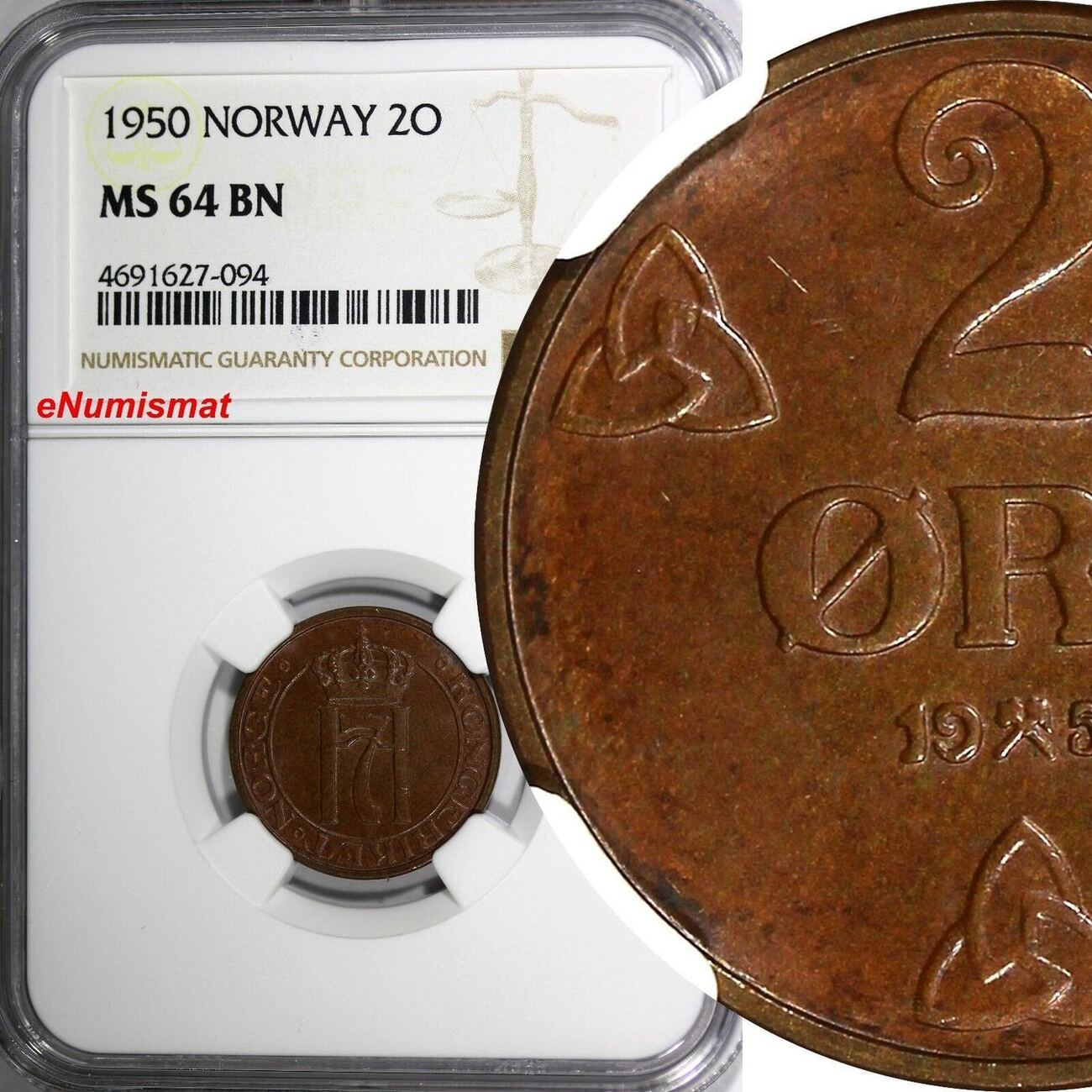 Bronze Norway Haakon VII 1950 2 Ore NGC MS64 BN TOP GRADED BY NGC KM