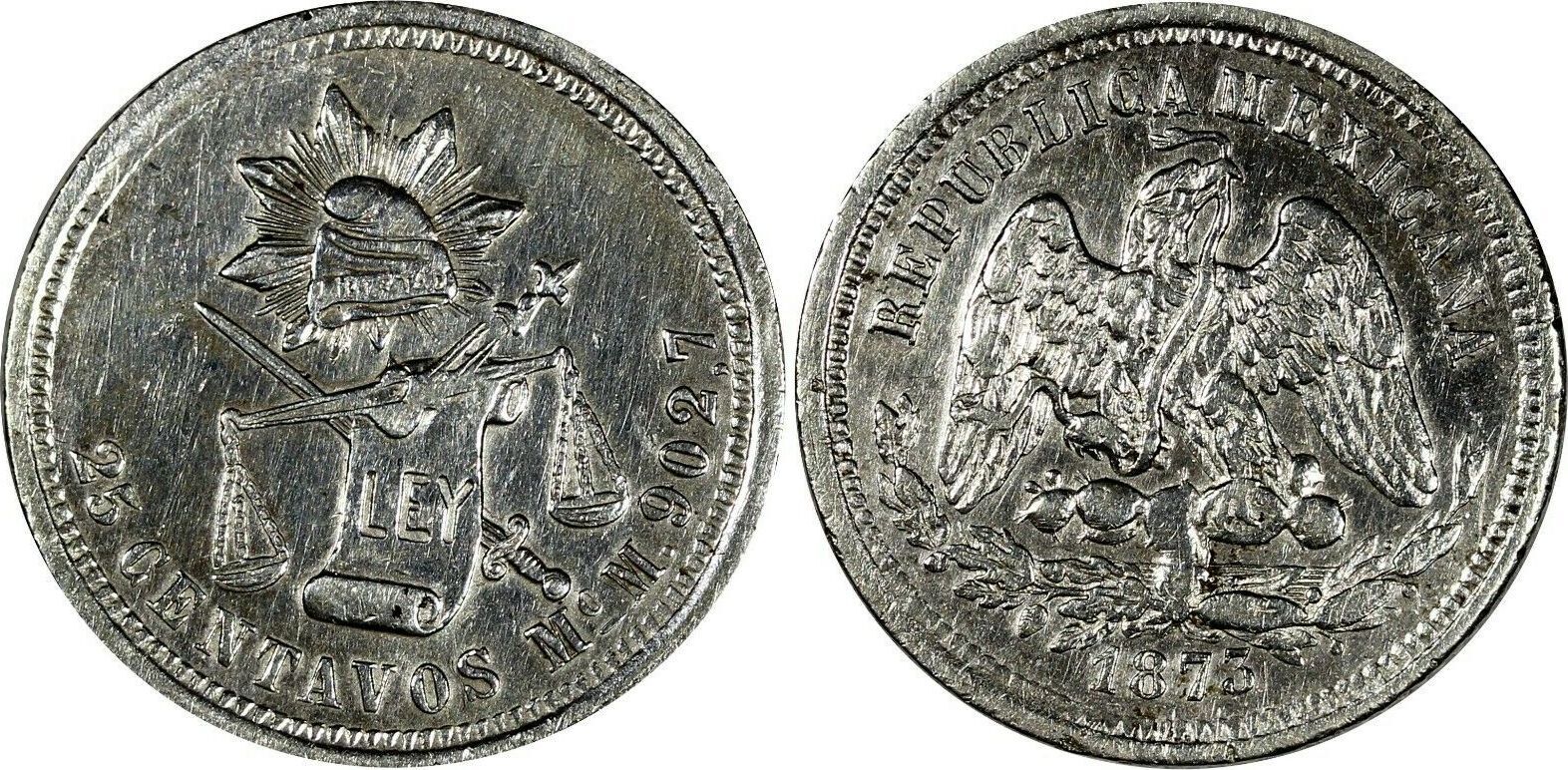 25 Centavos MEXICO Silver 1873 Mo M Mexico Mint 48 000 XF KM 406 7 19