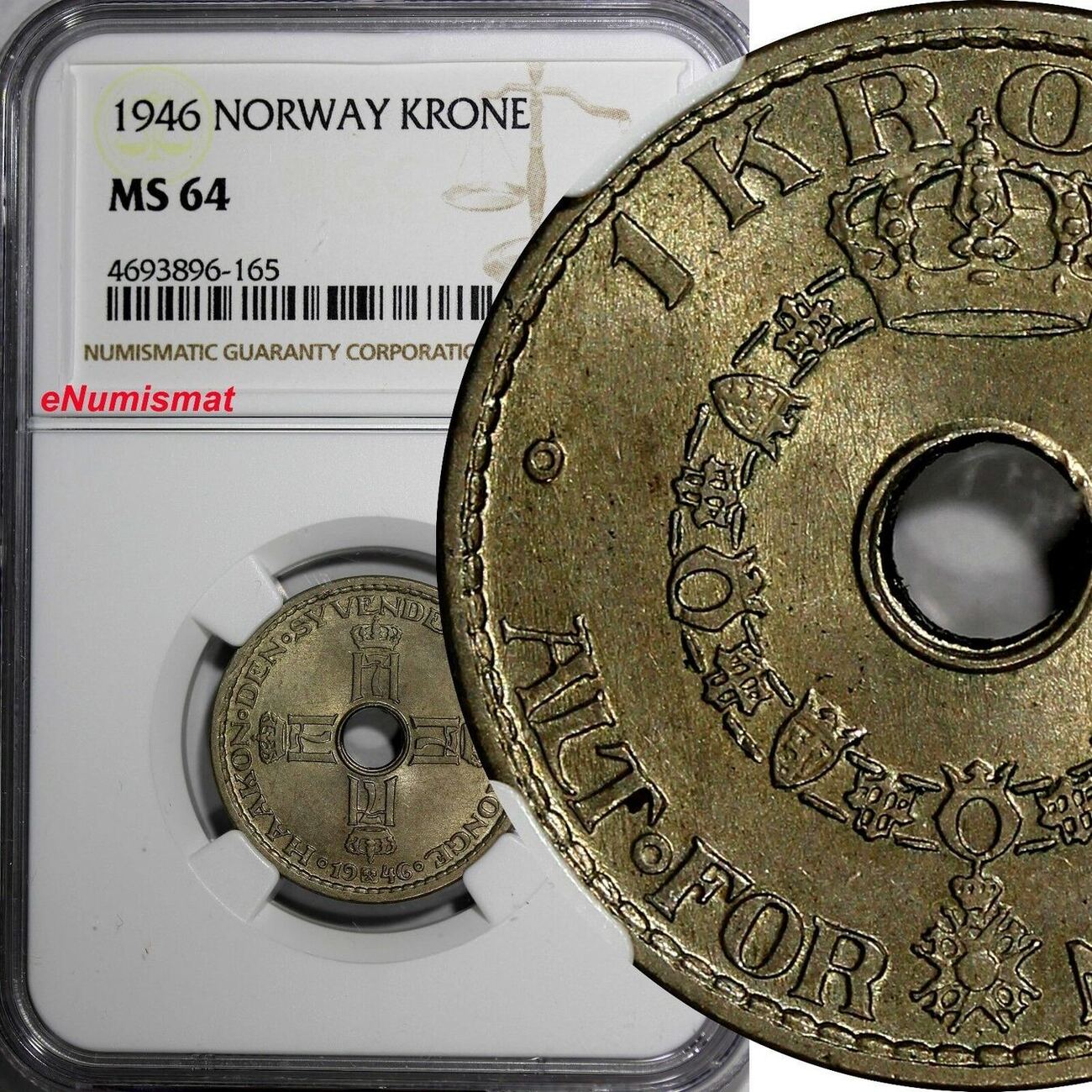 1 Krone Norway Haakon VII Copper Nickel 1946 NGC MS64 TONED SCARCE KM