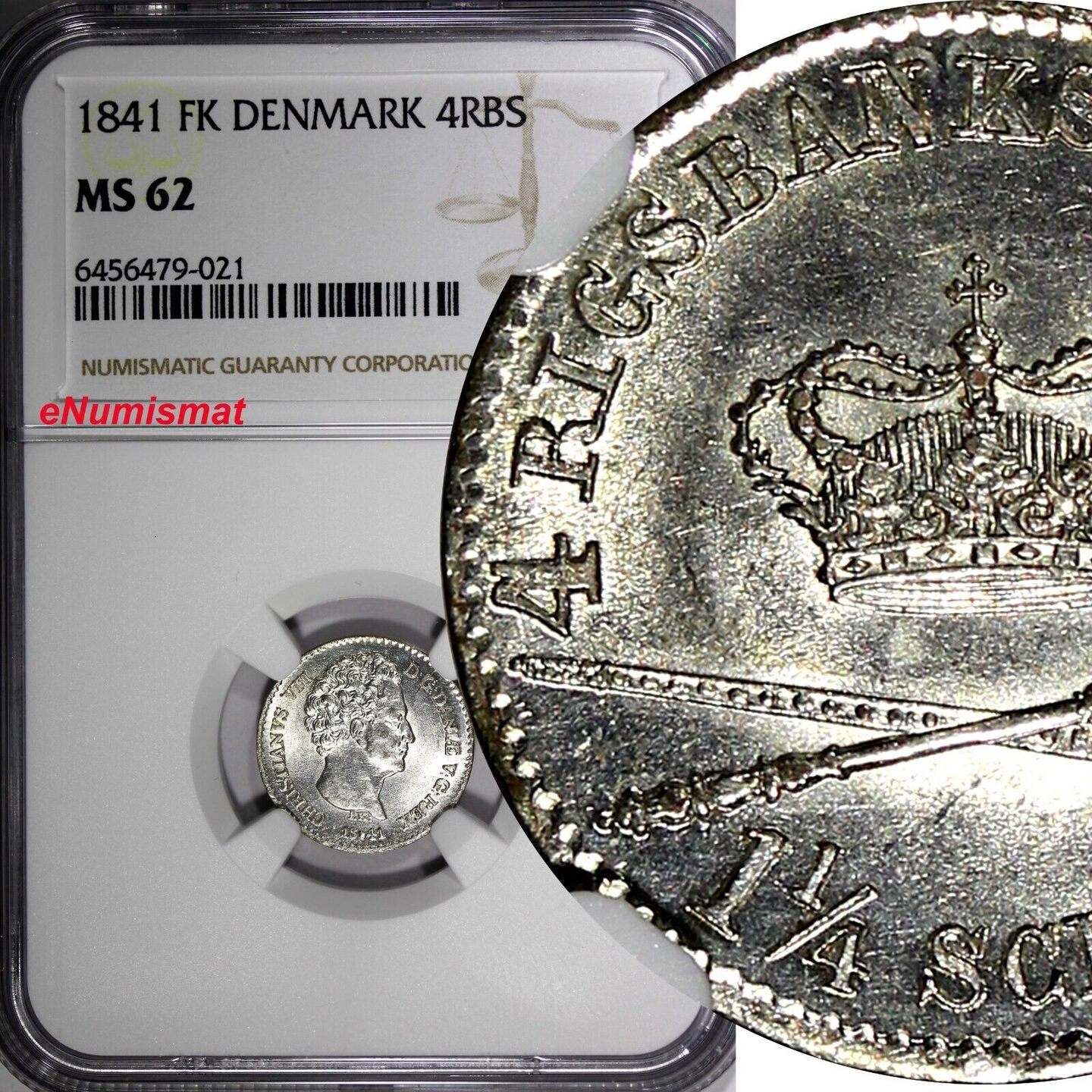 4 Rigsbankskilling Denmark Christian VIII Silver 1841 FK NGC MS62 KM