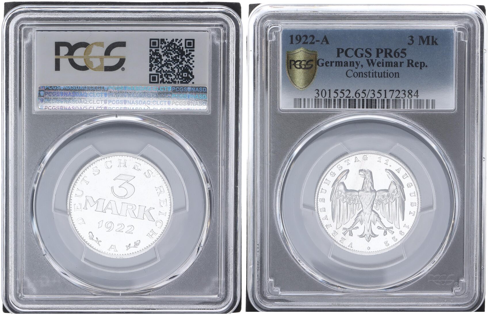 Deutschland Weimar Inflation 3 Mark 1922 A Aluminium J 303 PCGS PR