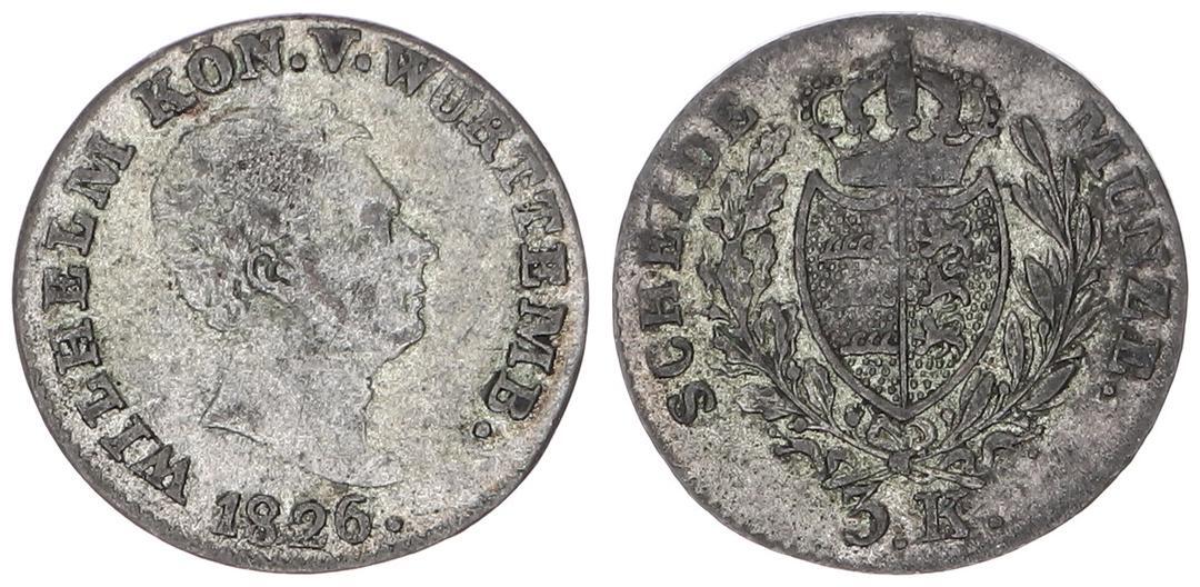 Württemberg Altdeutschland 3 Kreuzer 1826 Wilhelm VF EF MA Shops