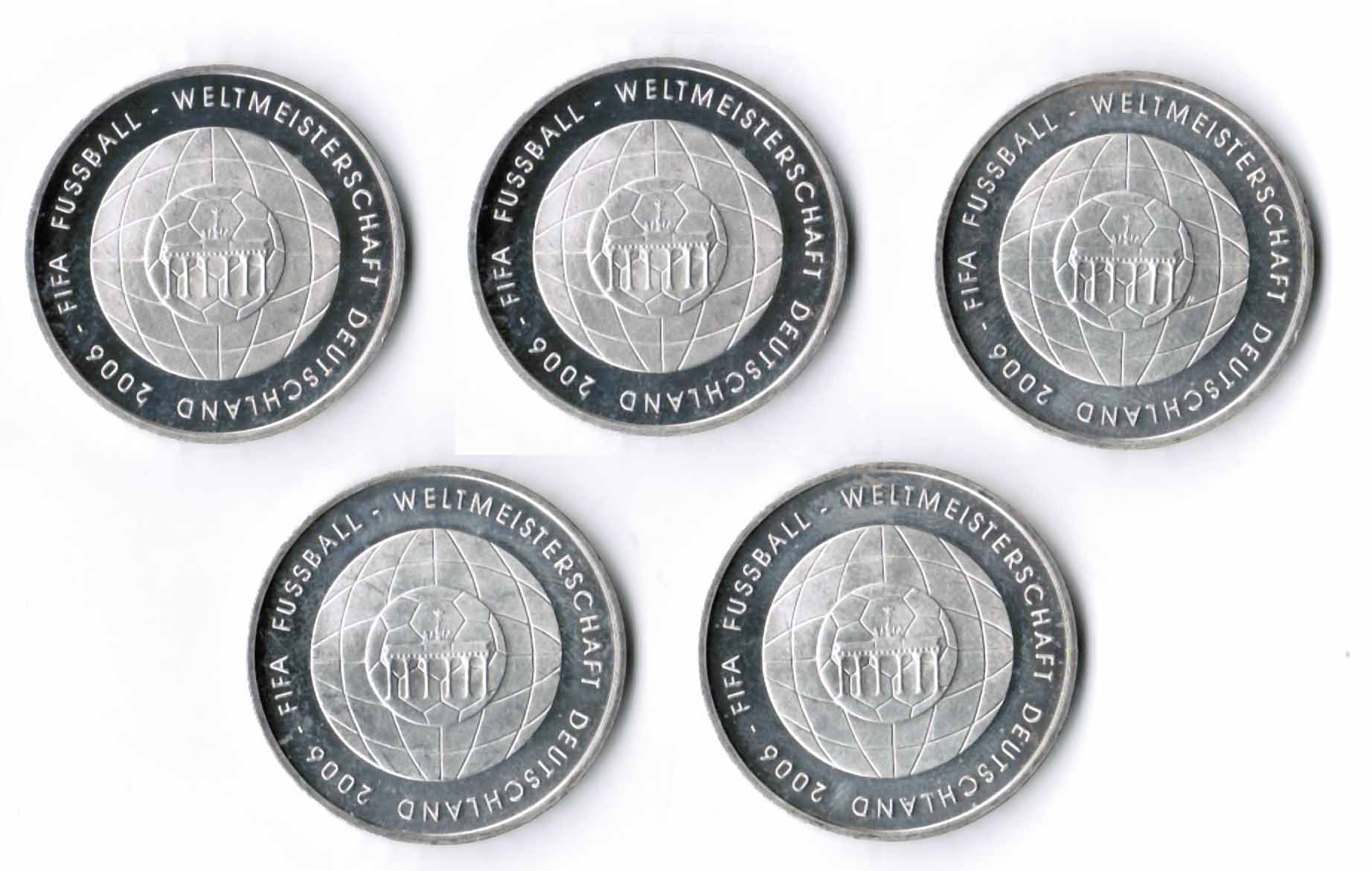 Deutschland / Eurowährung 10 Euro Fußball  5 Münzen, Münzzeichen A D F G J komplett, prägefrisch-st 10 Euro Fußball 2006 A D F G J komplett 2006 prägefrisch-stempelglanz 