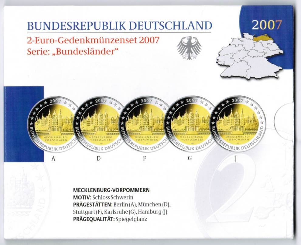 Bundesrepublik Deutschland Offizieller Blister mit 2 Euro Schwerin 2007 ADFGJ in Polierter Platte Offizieller Blister 2 Euro A-J Schwerin 2007 2007 Polierte Platte (PP) 