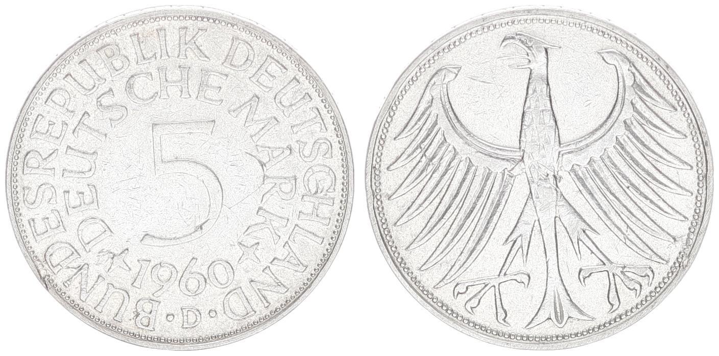 Deutschland 5 DM J 387 Silber Kursmünze 1960 D ss VF MA Shops