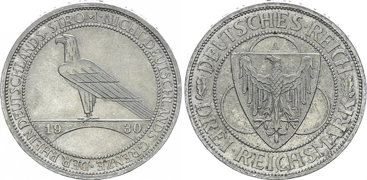 Deutschland Weimar 3 Reichsmark 1930 A Rheinlandräumung J 345 UNC