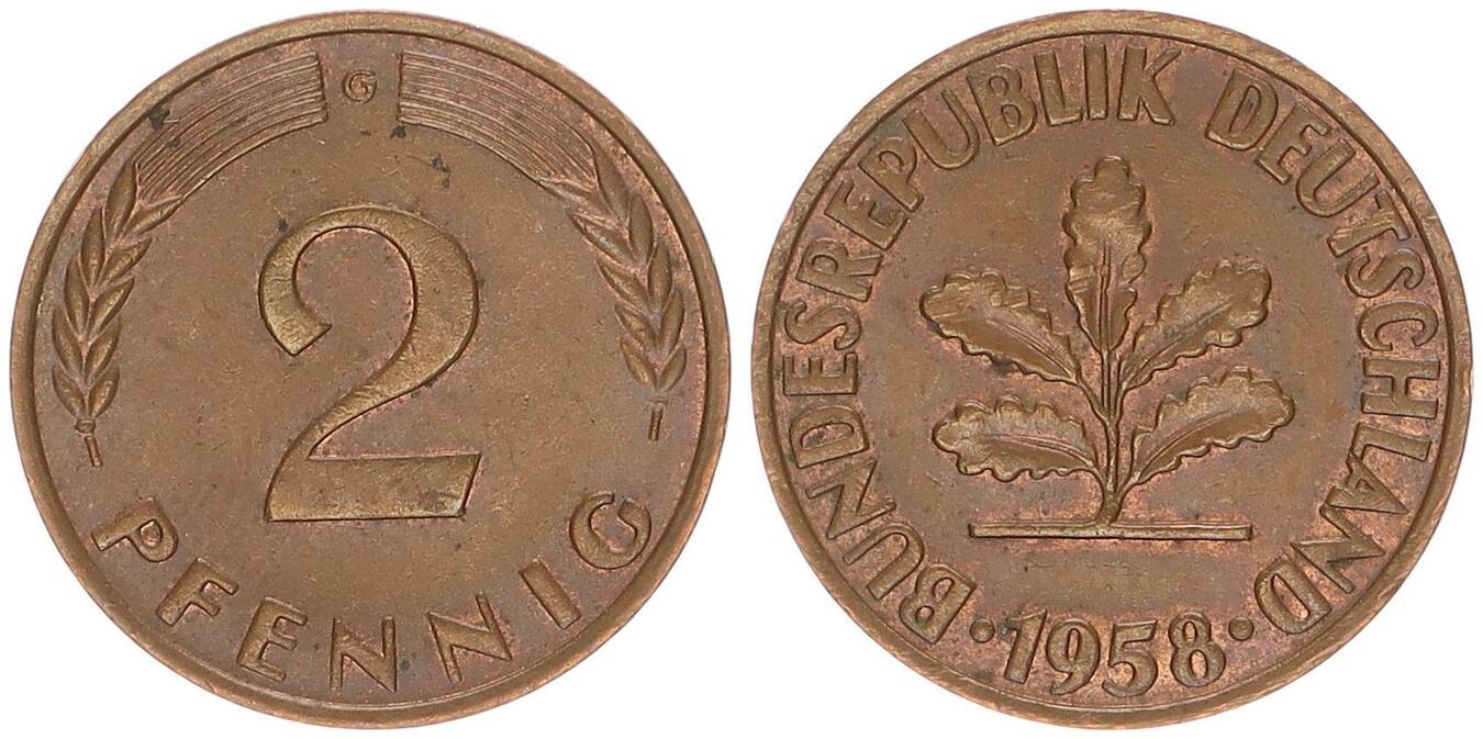 Deutschland BRD 2 Pfennig 1958 G Vz Kupfer Patina EF Kupfer Patina