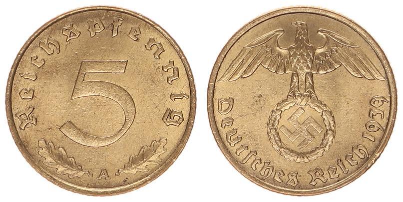 Deutschland Drittes Reich Drittes Reich 5 Pfennig 1939A CH UNC MA Shops