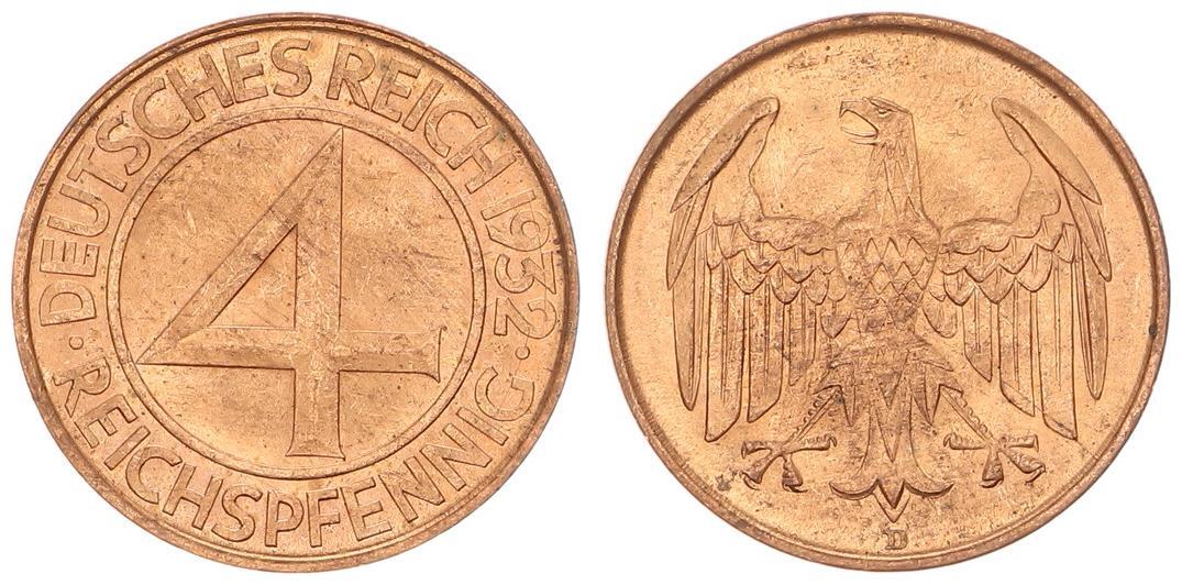 4 Pfennig Weimar J 315 4 Reichspfennig 1932 D CH UNC MA Shops