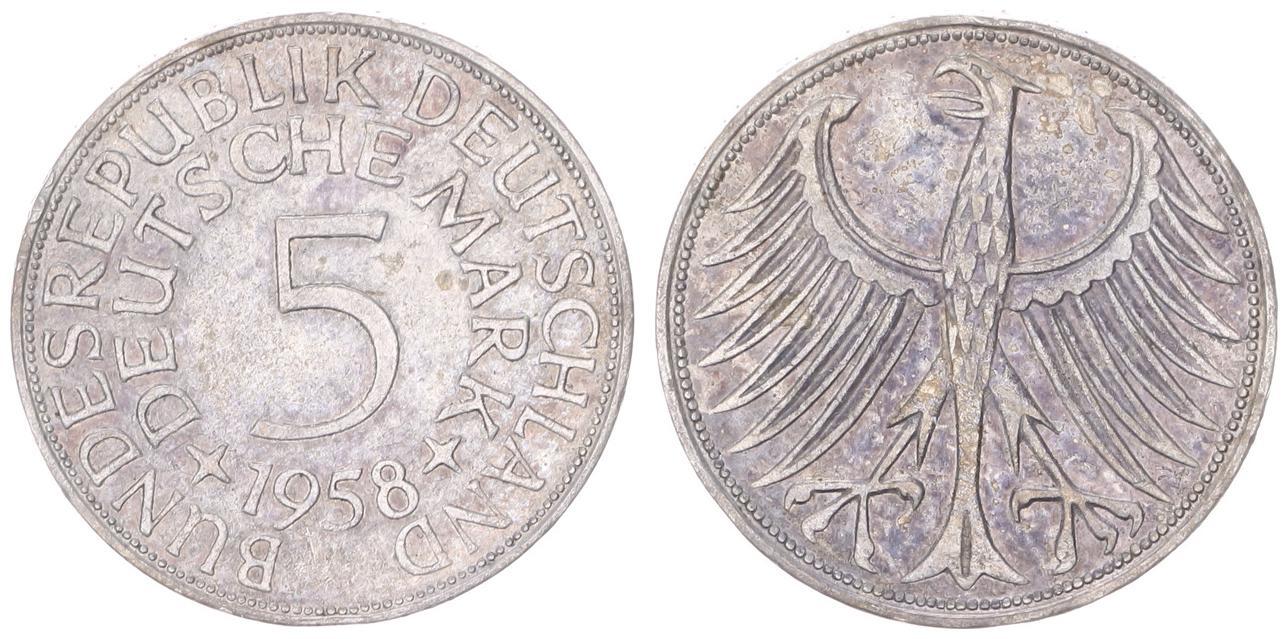 Deutschland BRD 5 Mark 5 DM 1958 sehr schwaches Münzzeichen Silber