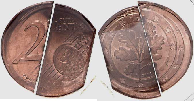  Deutschland 2 Cent 2006A Fehlprägung. Mehfachschlag: 3-4 mal geprägt 2 Cent 2006A vz-st, zerschnitten 