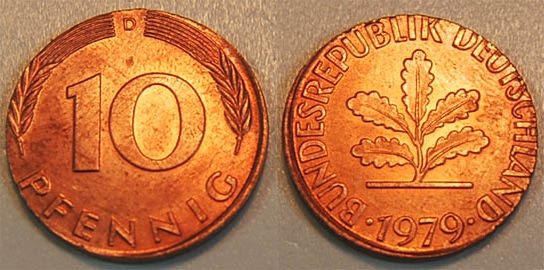 Deutschland 10 Pfennig Fehlprägung auf 2 Pf Ronde 1979D BRD 10 Pfennig