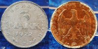 Deutschland / Weimar / Inflation 3 Mark Probe Aluminium 3 Mark 1922 E Probe, Adlerseite Kupfer plattiert, mit Riffelrand ss-vz