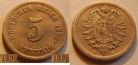 Deutschland / Kaiserreich 5 Pfennig Kaiserreich 5 Pf. J.3  1889 G   fast ss  Variante: kleine tiefe 9 in 1889  !!!