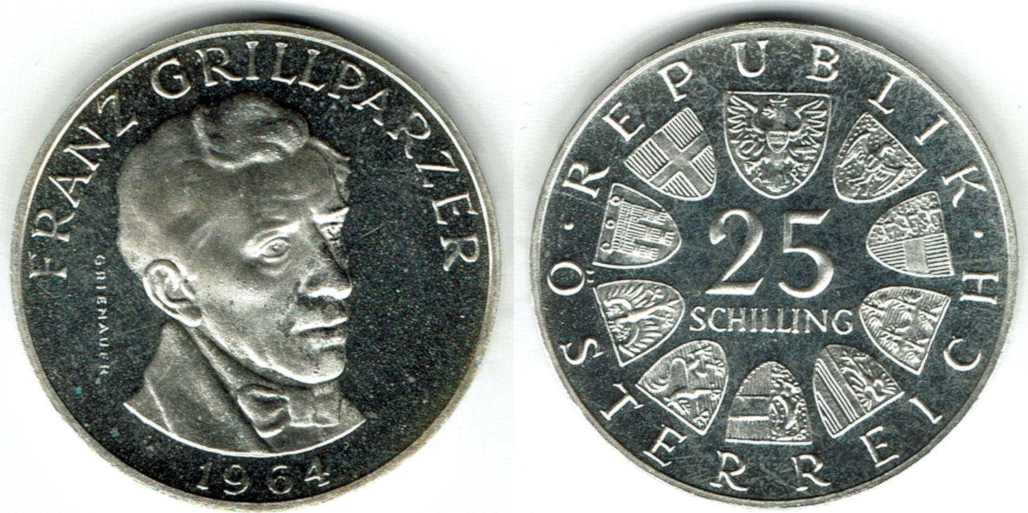 1964 Österreich 25 Schilling Gedenkmünze Franz Grillparzer PP in