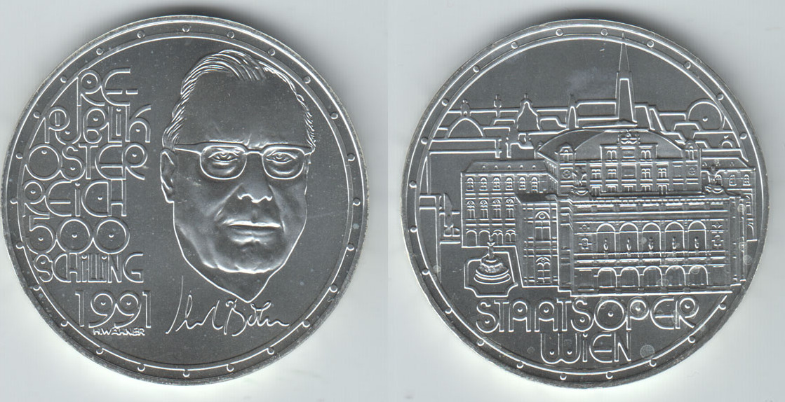 500 Schilling 1991 Österreich Silber Gedenkmünze Karl Böhm ST BU